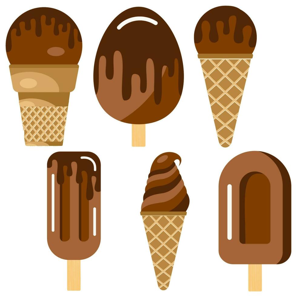 conjunto de vector ilustración de chocolate hielo crema. chocolate hielo crema en un de madera palo y en un gofre taza