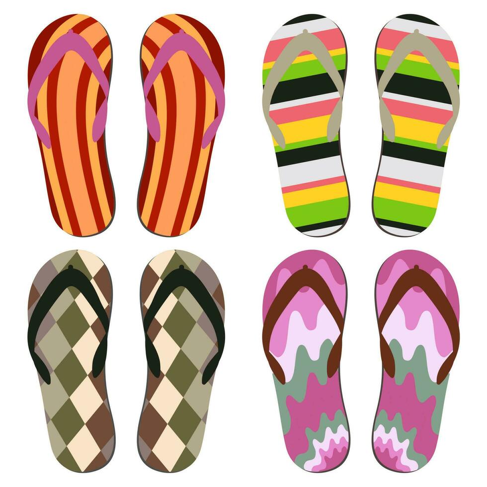 Set of Beach Slippers. Colorful Summer Flip Flops Over White Background vector