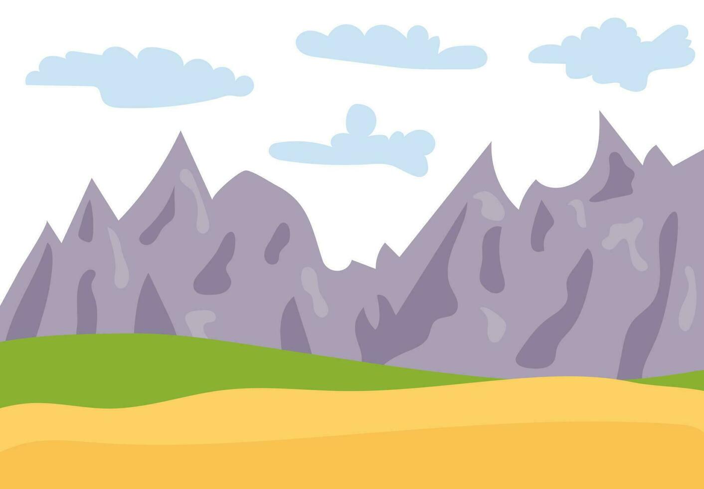 Natural cartoon landscape in the flat style with mountains, blue sky, clouds and hills. Vector illustration