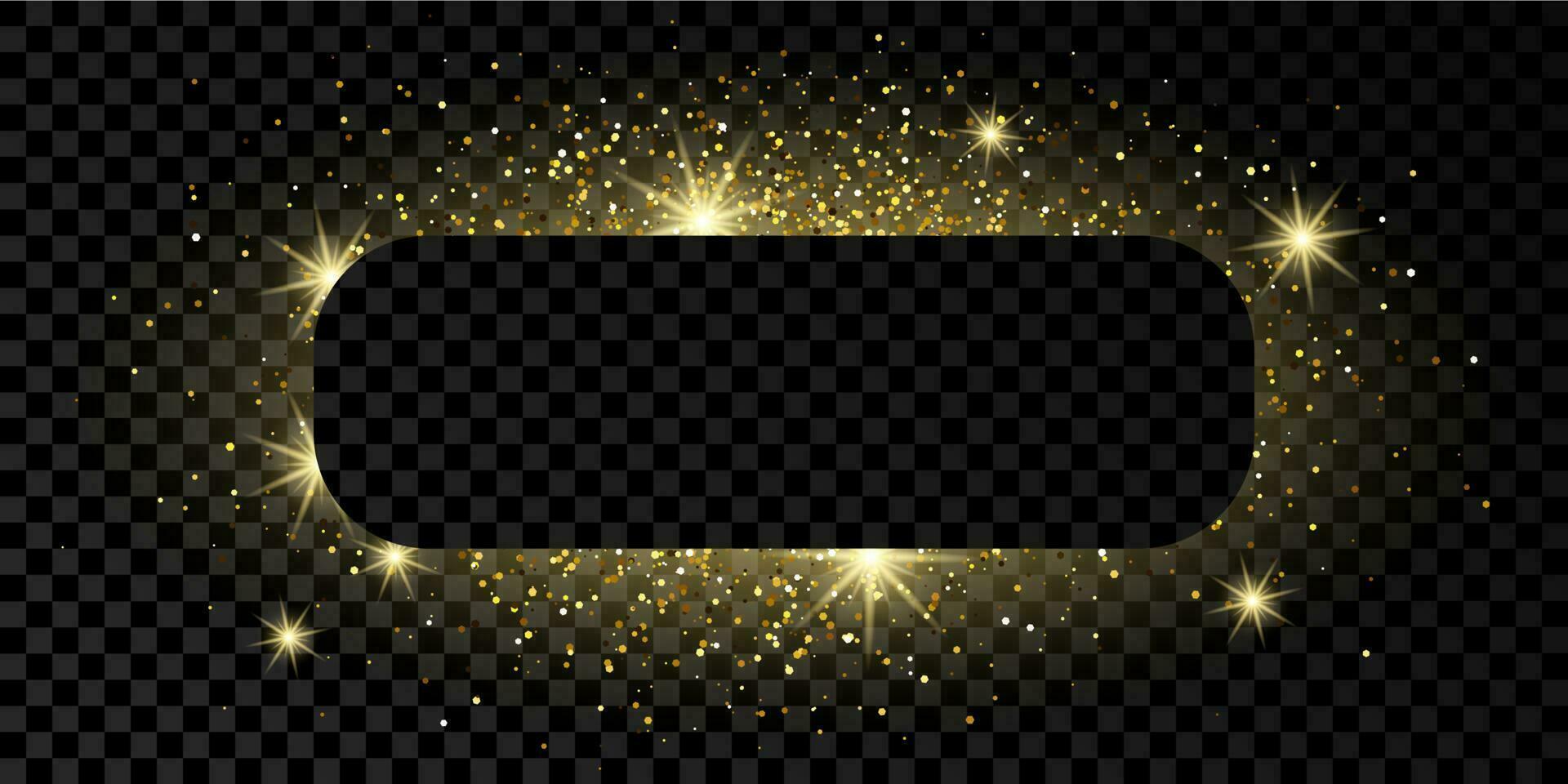 Golden rounded rectangle frame with glitter, sparkles and flares on dark vector
