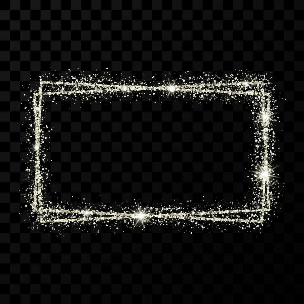 Silver double rectangle frame. Modern shiny frame with light effects isolated on dark vector