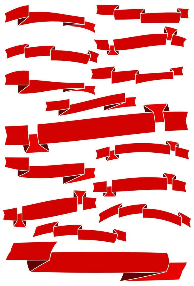 Set of fifteen red cartoon ribbons and banners for web design. Great design element isolated on white background. Vector illustration.