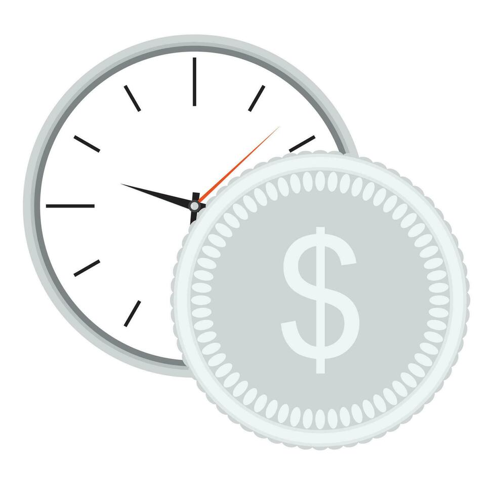 Time is money, clock with silver coin vector