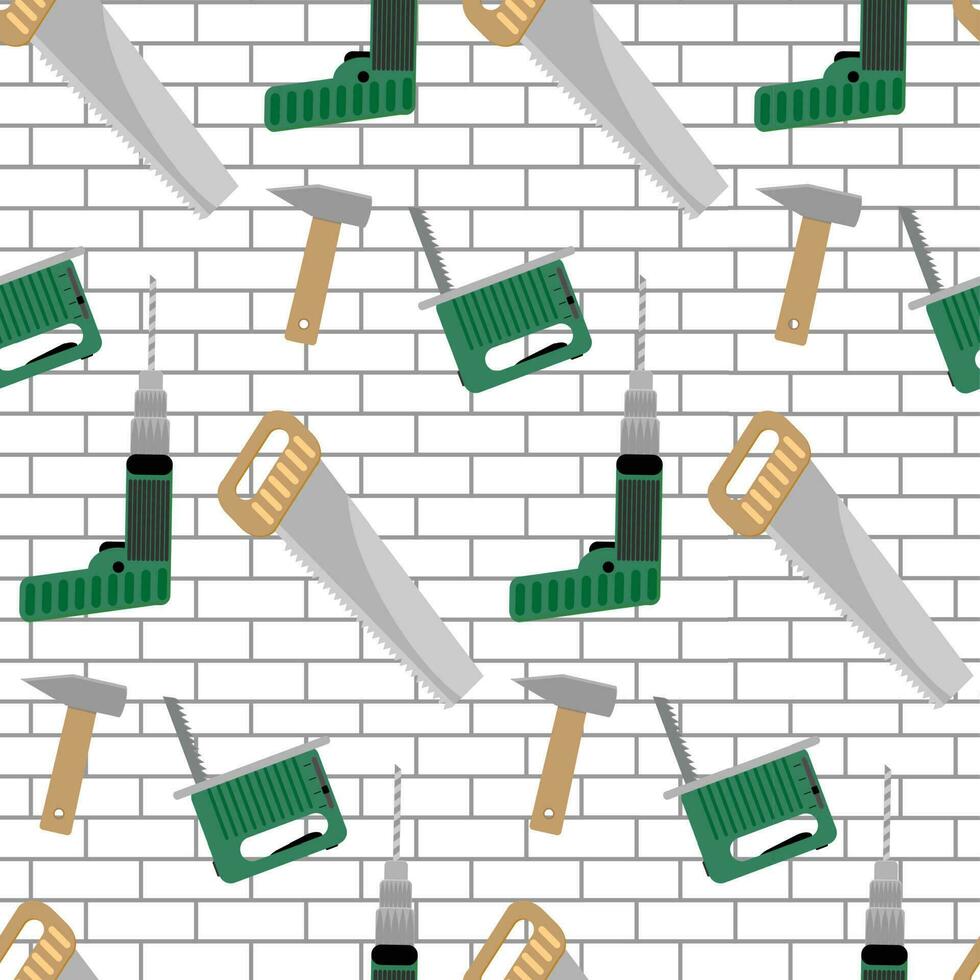 Seamless pattern with tools for construction. Power instruments drill and hammer, vector illustration