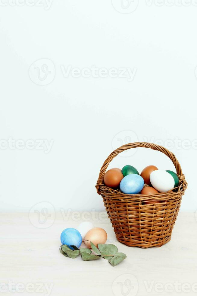 colorful eggs in a basket Easter holiday church tradition photo