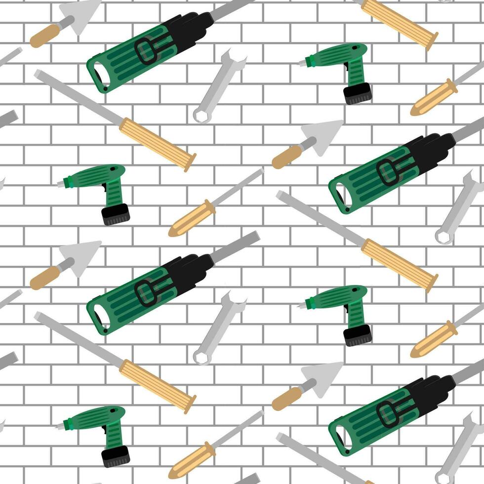modelo herramientas construcción en ladrillo pared. reparar trabajo herramienta, ilustración destornillador y puñetazo, cincel, y paleta vector