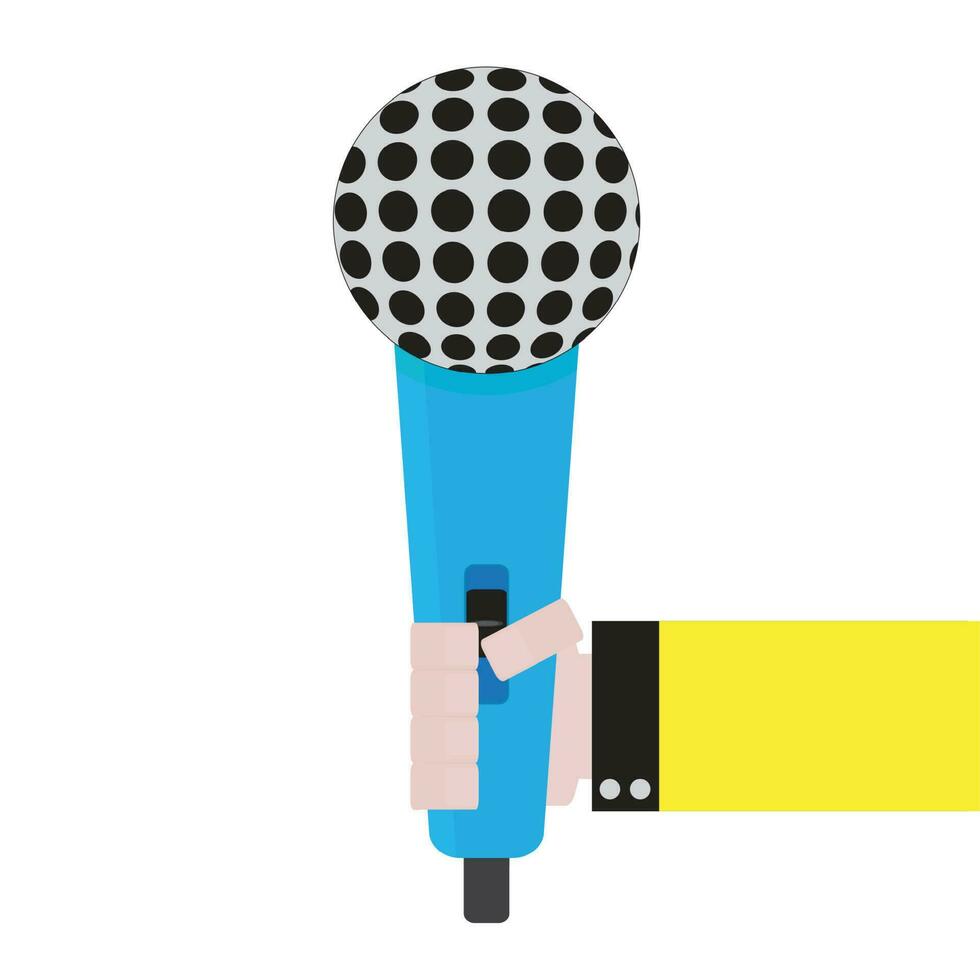 Microphone in hand reporter. Holding microphone and vintage microphone hand, vector illustration