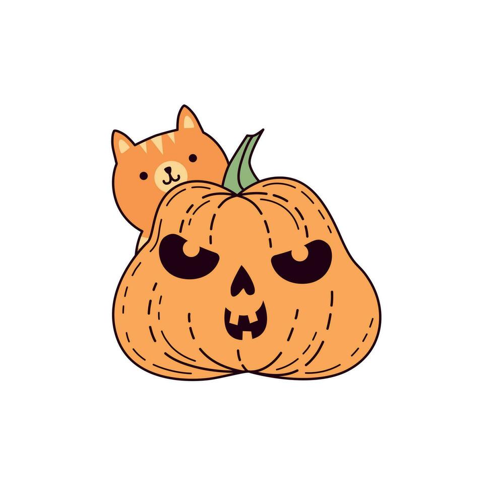 Drawing of a funny pumpkin with a red cat vector