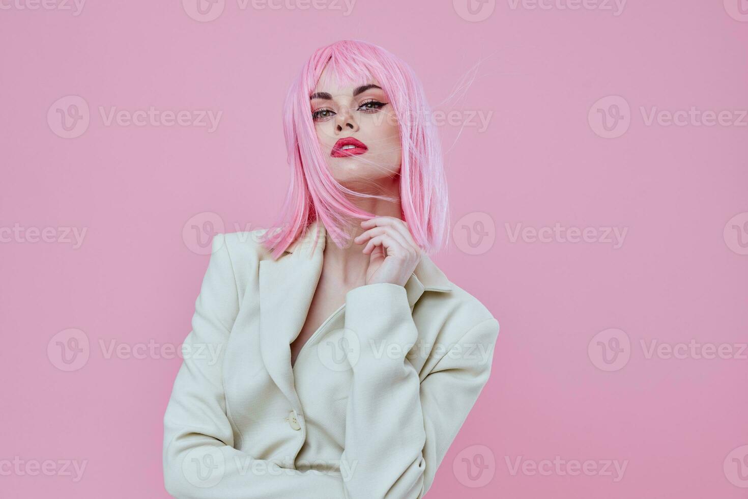 Pretty young female modern style pink hair color background unaltered photo