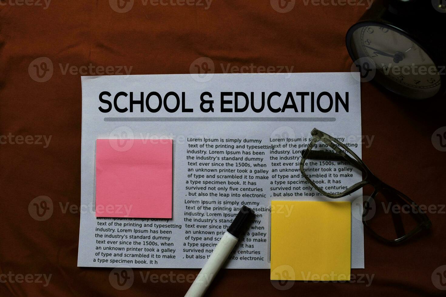 School and Education text in headline isolated on red background. Newspaper concept photo