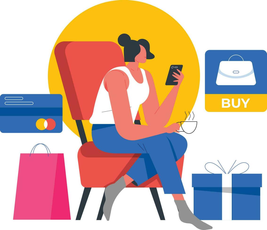 Woman Thinking About Online Purchase Illustration vector