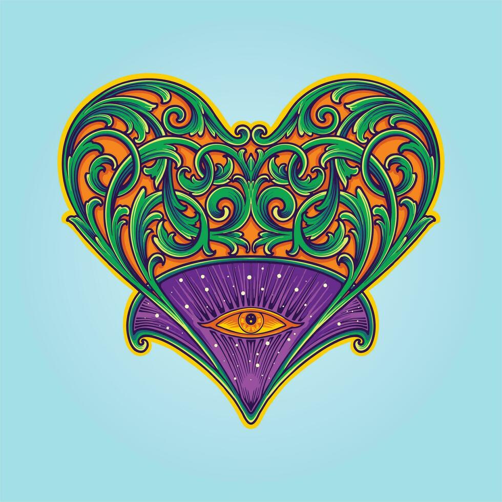 Classical engraved ornament with heart shape border illustrations vector