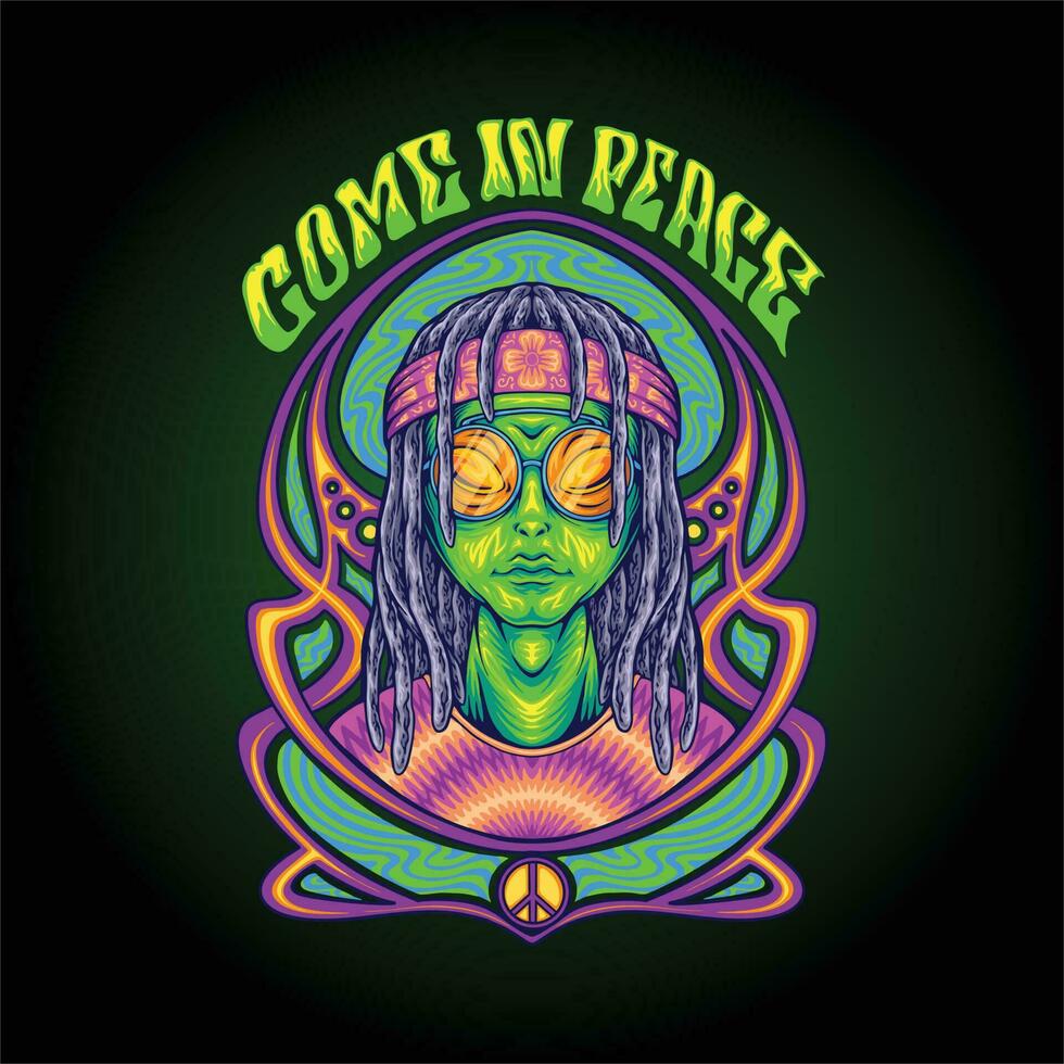 Hippies alien come in peace with art nouveau frame illustrations vector