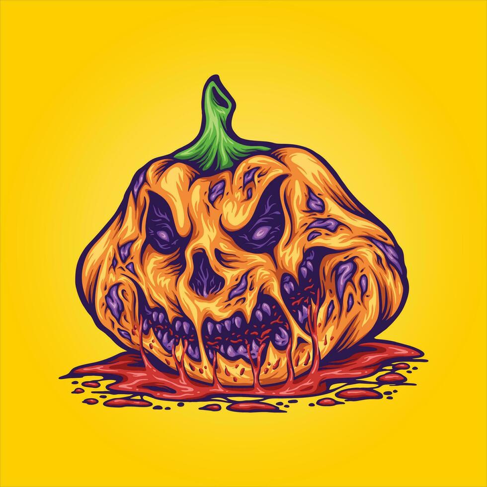 Creepy pumpkin head monster halloween fruit illustrations vector