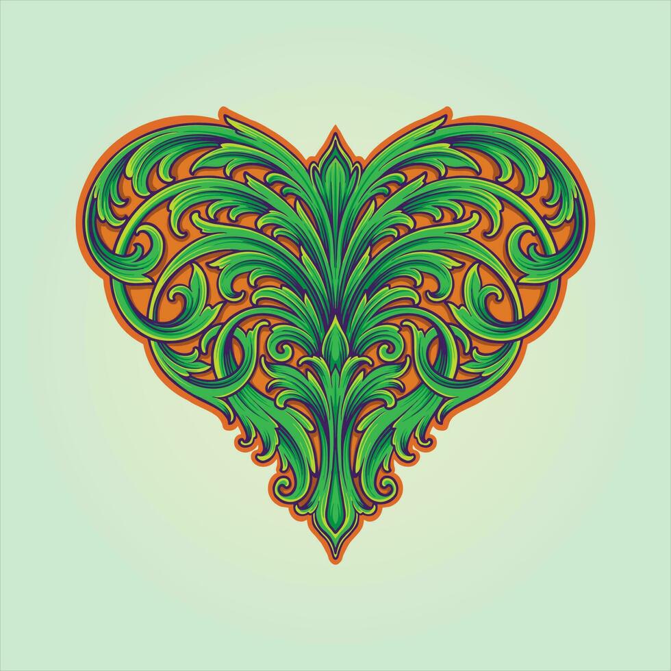 Classical engraving ornament with heart shape frame illustrations vector