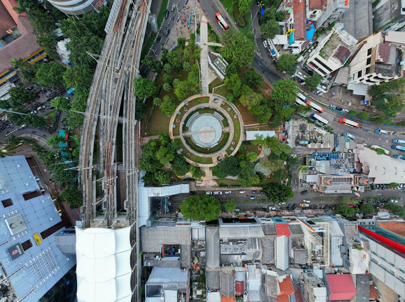 Aerial view of Martha Christina Tiahahu Literacy Park is one of the best biggest park in south jakarta. Jakarta, Indonesia, September 16, 2022 photo