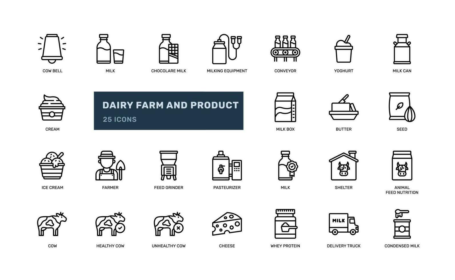 Dairy Farm Agriculture and Dairy Product from Cow livestock detailed outline line icon set vector