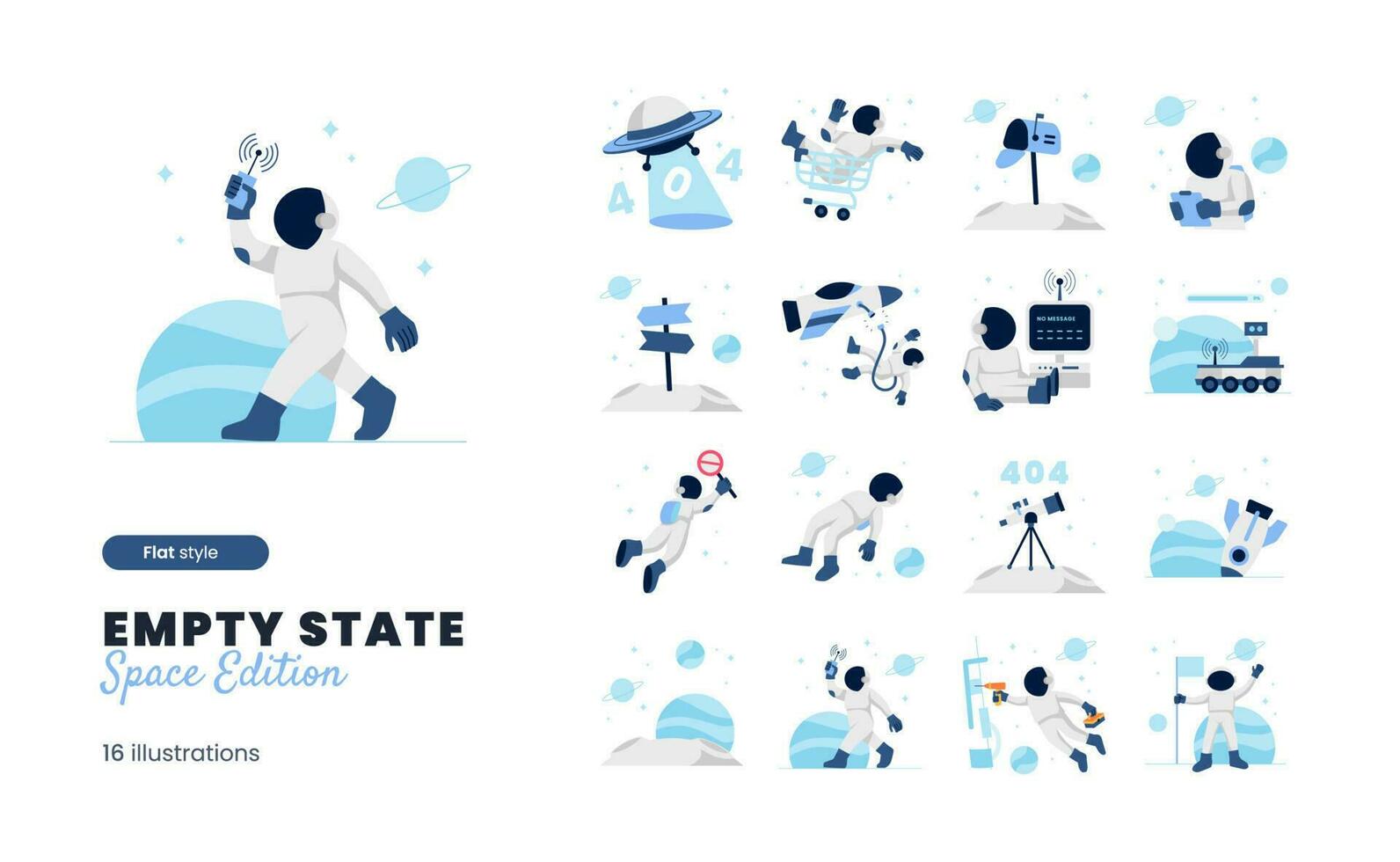 Empty State Illustration with space Astronaut Theme with various empty state, empty inbox, no message, 404, error page vector