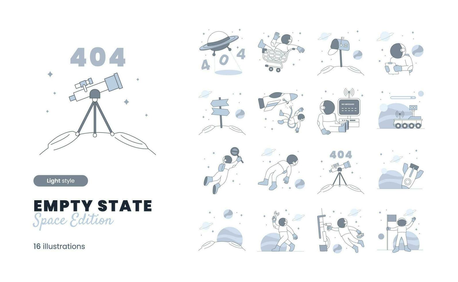 Empty State Illustration with space Astronaut Theme with various empty state, empty inbox, no message, 404, error page vector