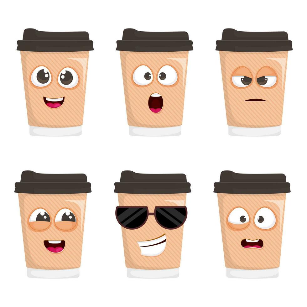 Coffee cup with different emotions. Character set. vector