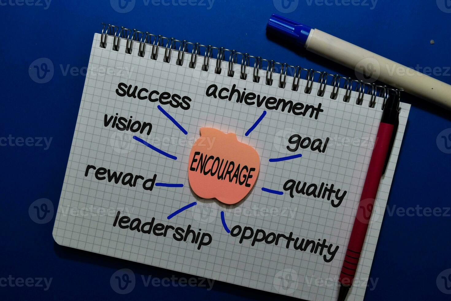 Encourage on sticky note with keywords isolated on office desk. Chart or mechanism concept. photo
