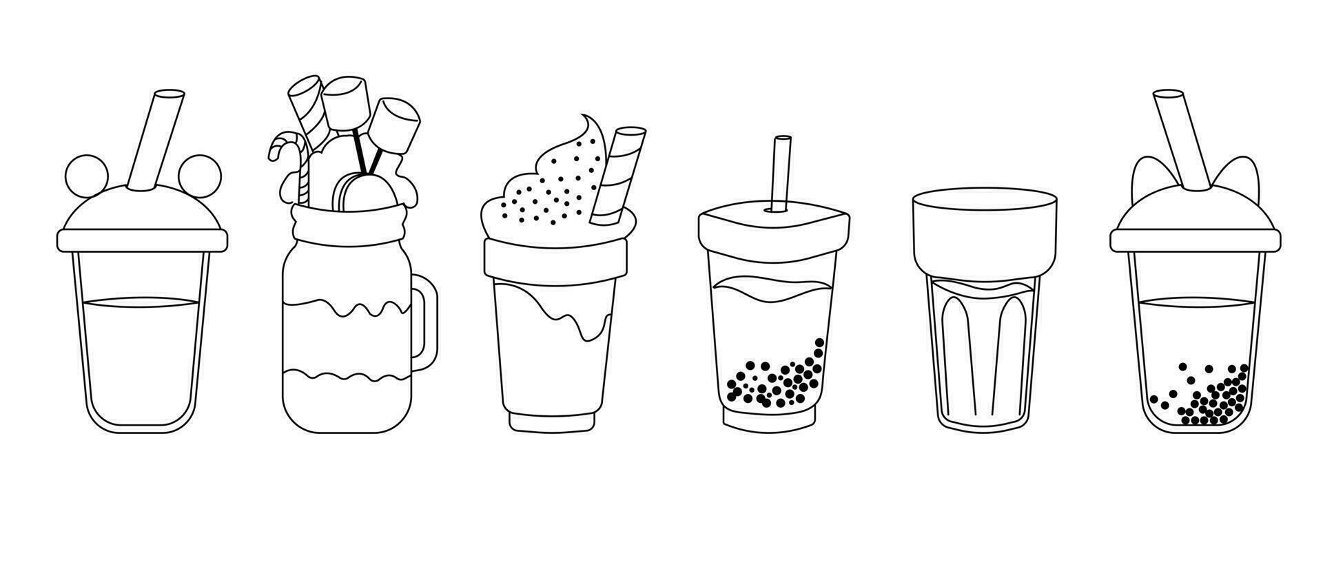 Set of Bubble Tea, milkshakes juices, and Coffee Drinks Isolated on White Background. Smoothie with tapioca Boba Yummy Beverages in Glass or Plastic Cups with Straw. Doodle vector collection