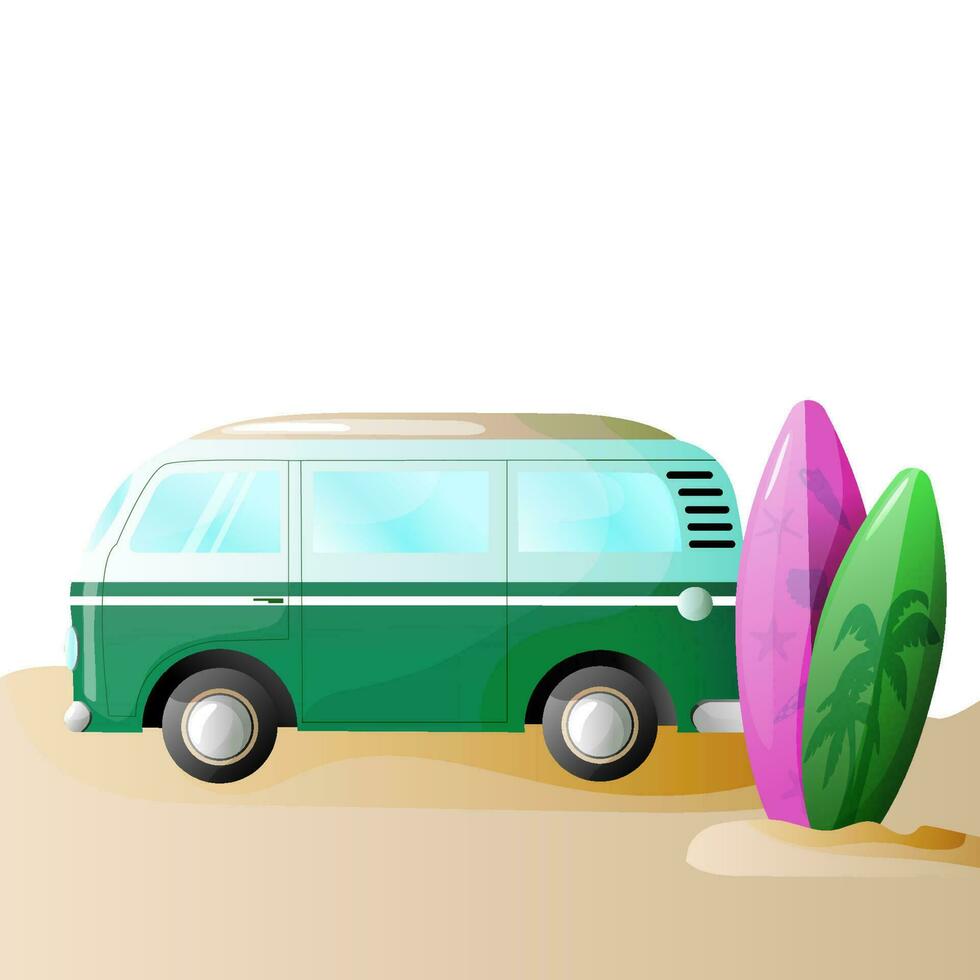 verano ilustración con retro autobús y tabla de surf. vector ilustración.