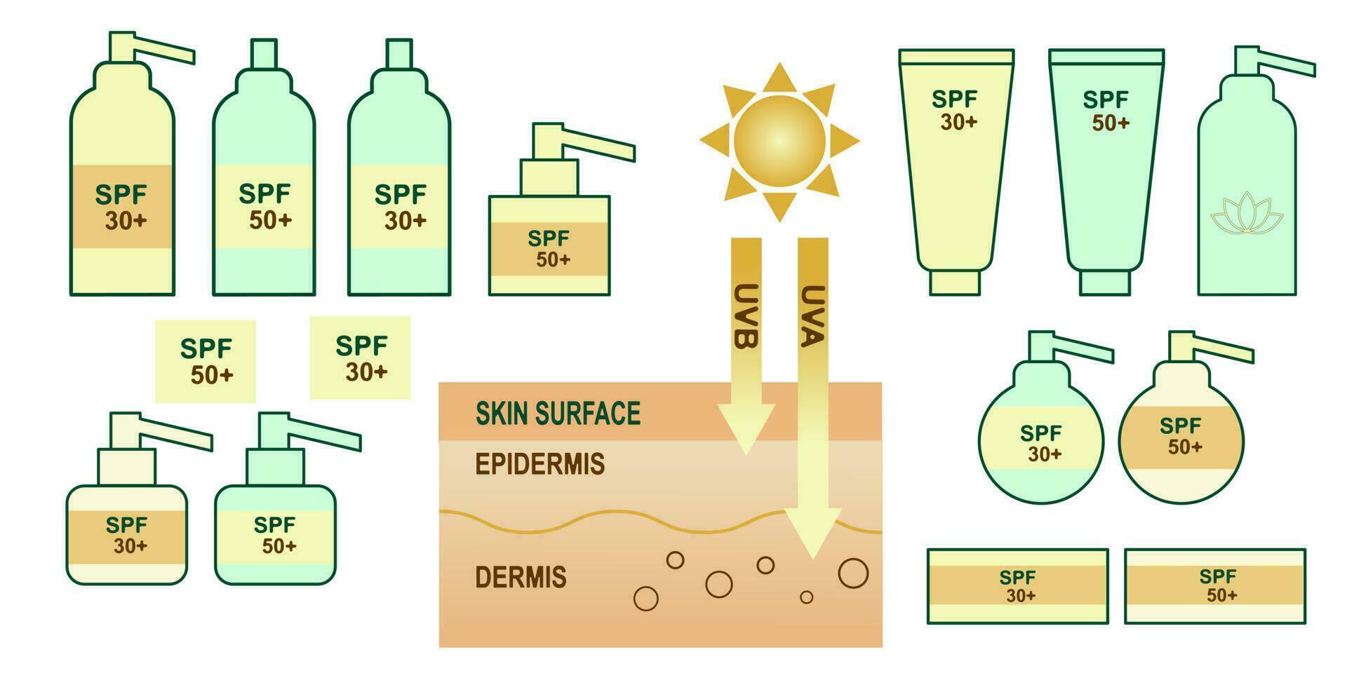 Set of SPF lotions and sunscreens. Sunscreen protection and sun safety with SPF. UV protection sunscreen on skin. Flat vector illustration.