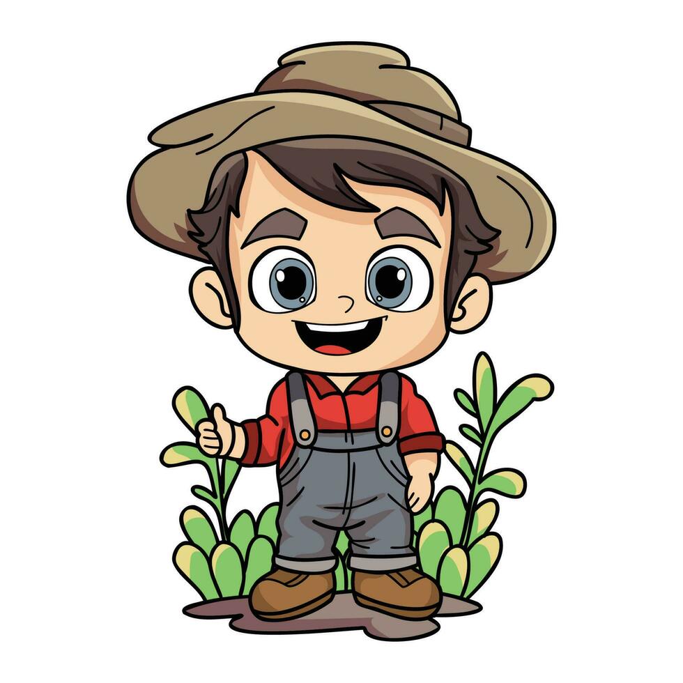 Happy farmer man working hard character illustration in doodle style vector