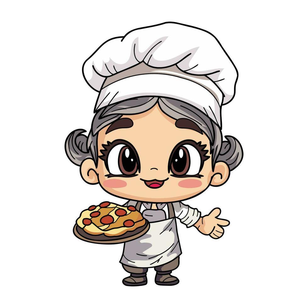 Happy female chef character holding food illustration in doodle style vector