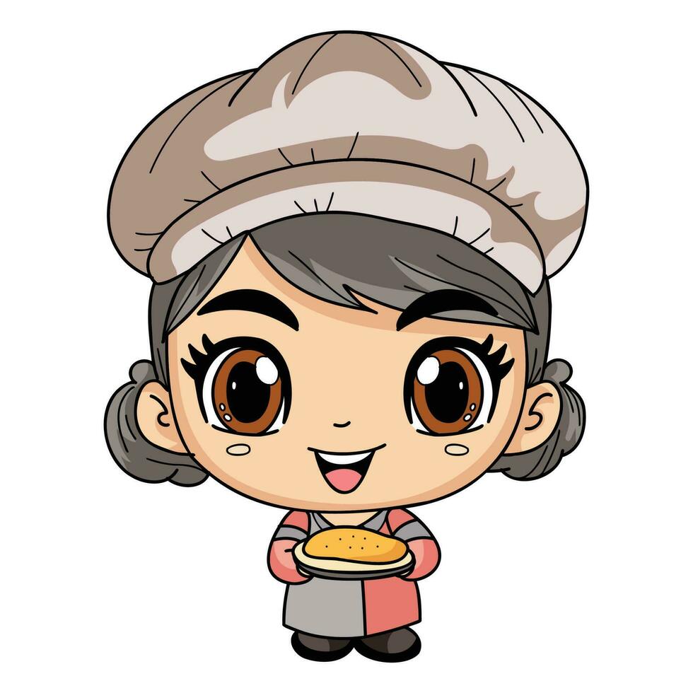 Happy female chef character holding food illustration in doodle style vector