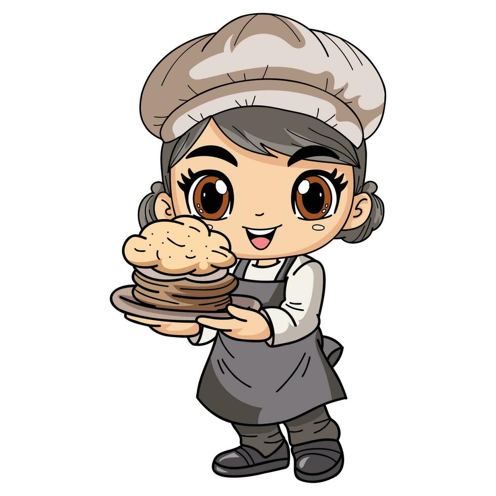 Happy female chef character holding food illustration in doodle style vector