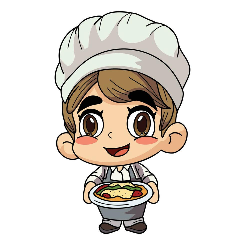 Happy female chef character holding food illustration in doodle style vector