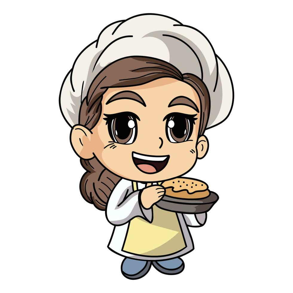 Happy female chef character holding food illustration in doodle style vector