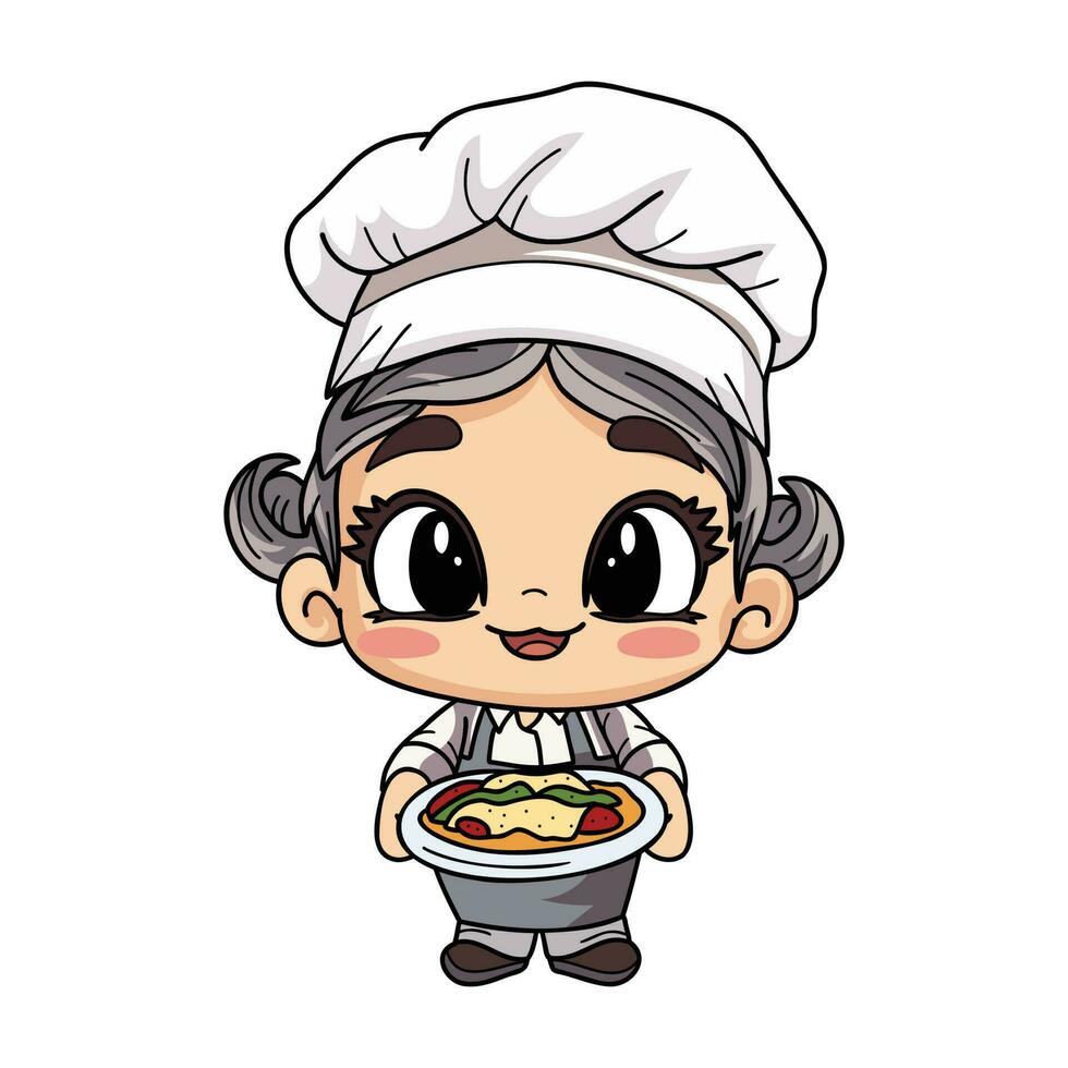 Happy female chef character holding food illustration in doodle style vector