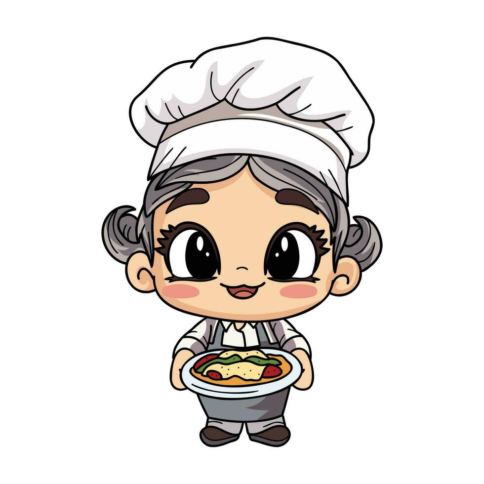 contento hembra cocinero personaje participación comida ilustración en garabatear estilo vector