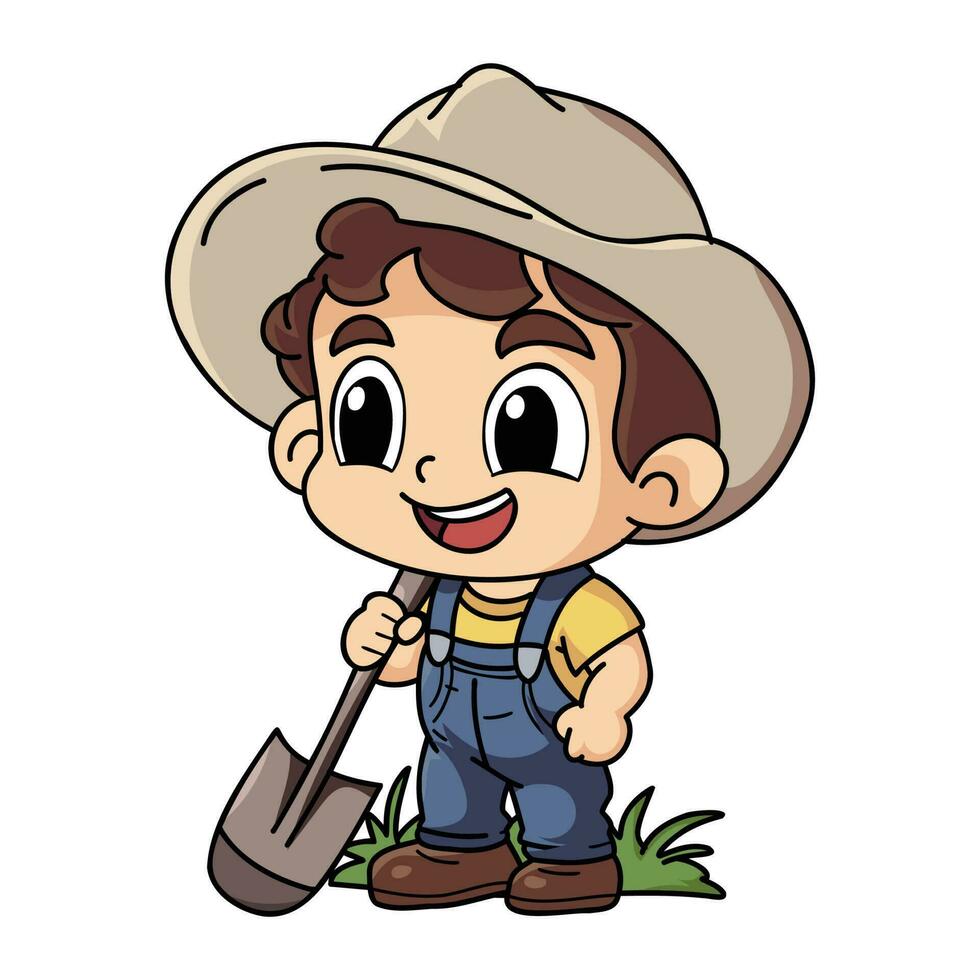 Happy farmer man working hard character illustration in doodle style vector