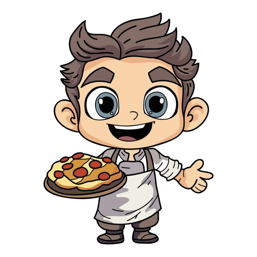 Happy chef man holding food illustration in doodle style vector