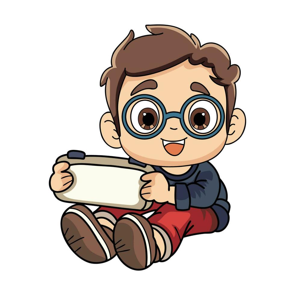 Happy boy with portable game character illustration in doodle style vector