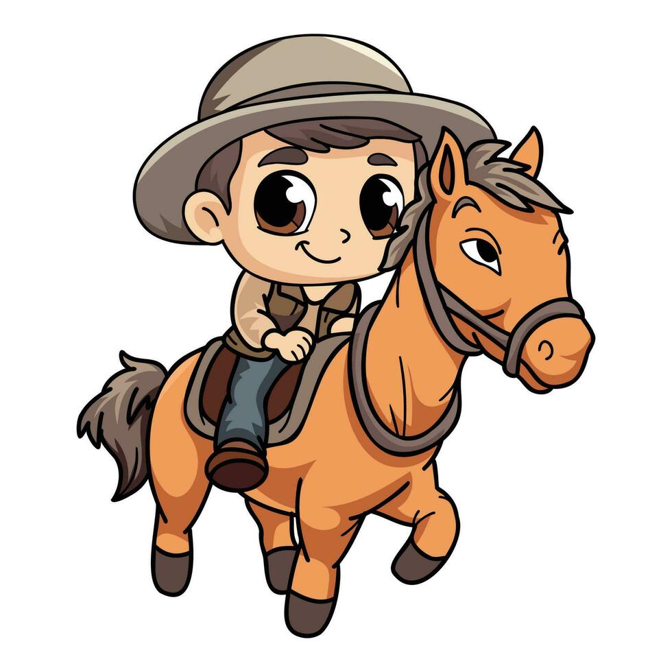 contento granjero hombre montando un caballo personaje ilustración en garabatear estilo vector