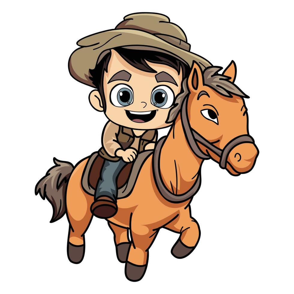 contento granjero hombre montando un caballo personaje ilustración en garabatear estilo vector
