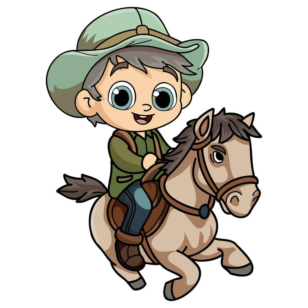 contento granjero hombre montando un caballo personaje ilustración en garabatear estilo vector