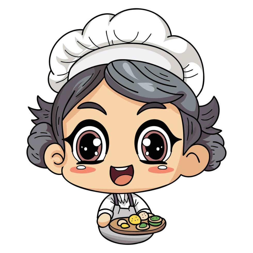 Happy female chef character holding food illustration in doodle style vector