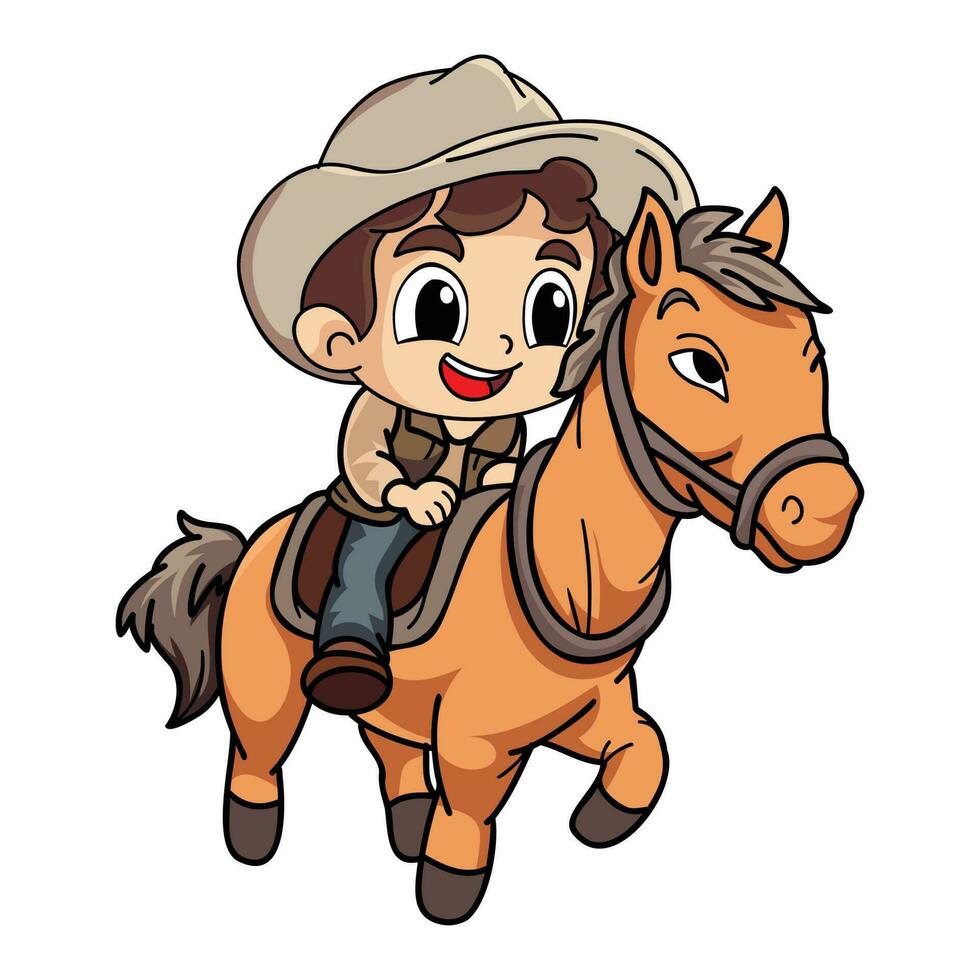 Happy farmer man riding a horse character illustration in doodle style vector