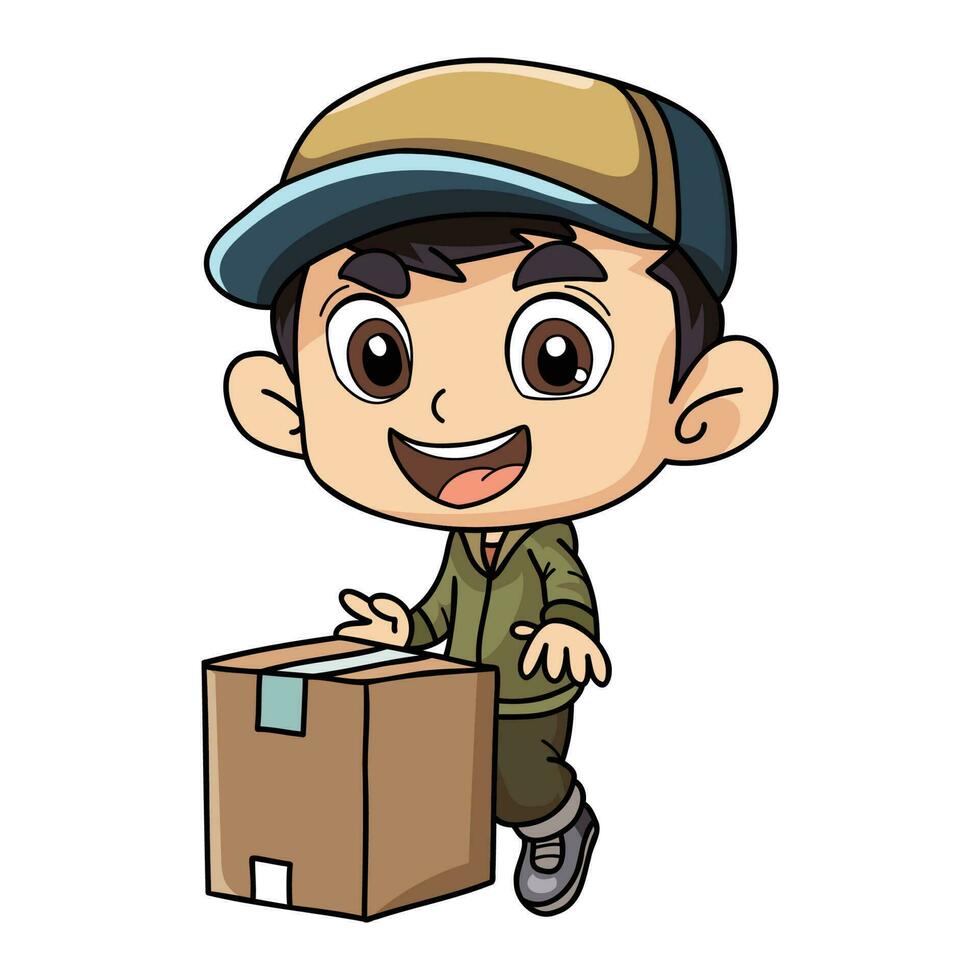 Happy delivery man with package box character illustration in doodle style vector