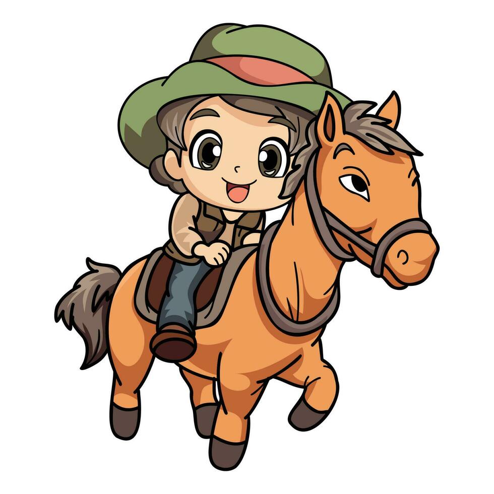 contento granjero mujer montando un caballo personaje ilustración en garabatear estilo vector