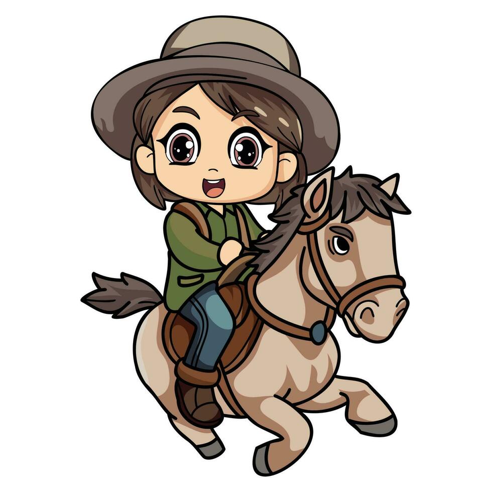 contento granjero mujer montando un caballo personaje ilustración en garabatear estilo vector