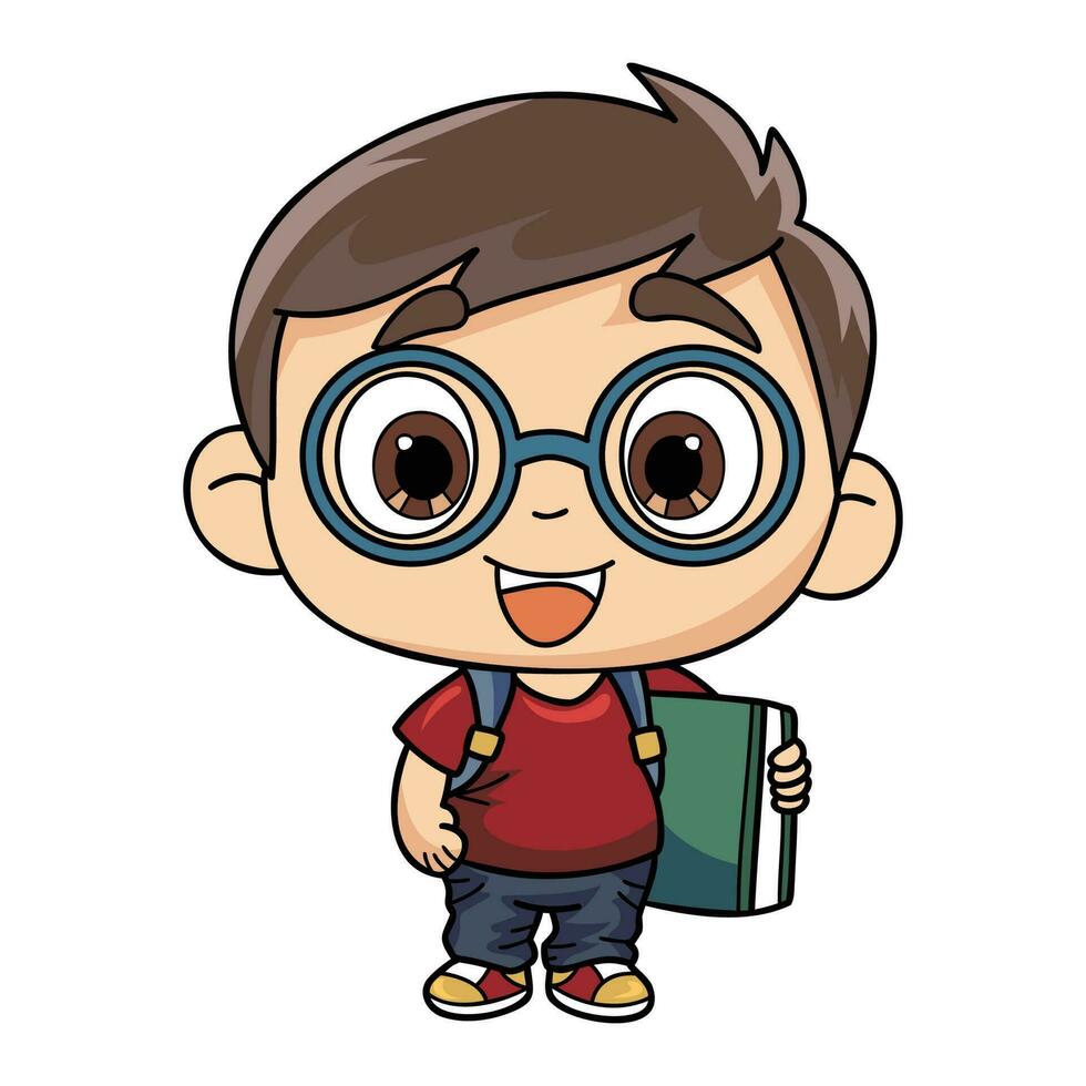 Happy boy holding a book illustration in doodle style vector