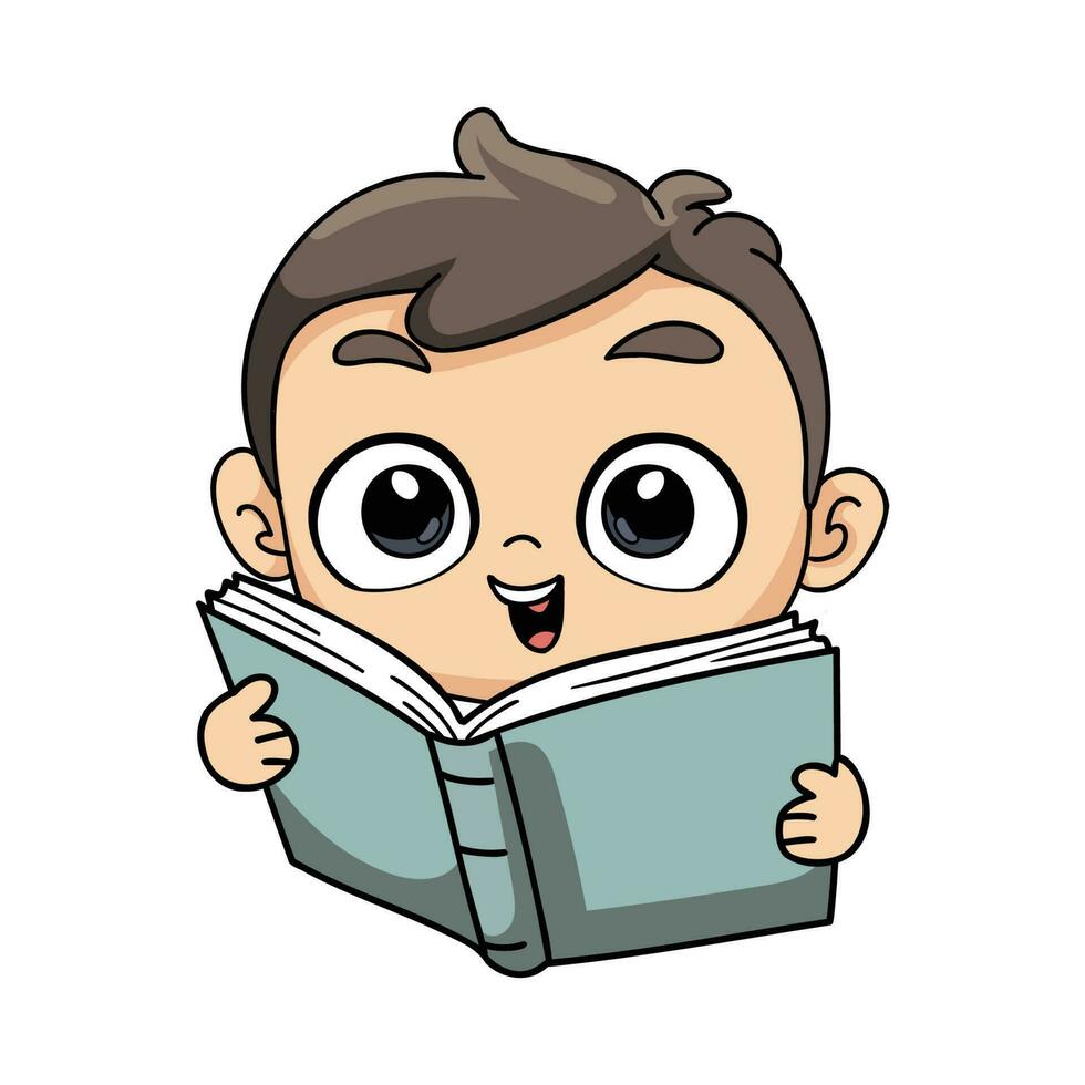 happy boy reading a book illustration in doodle style vector
