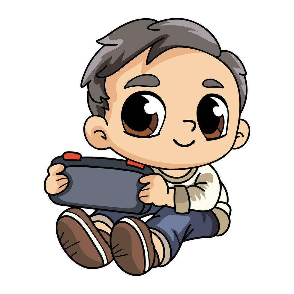 Happy boy with portable game character illustration in doodle style vector